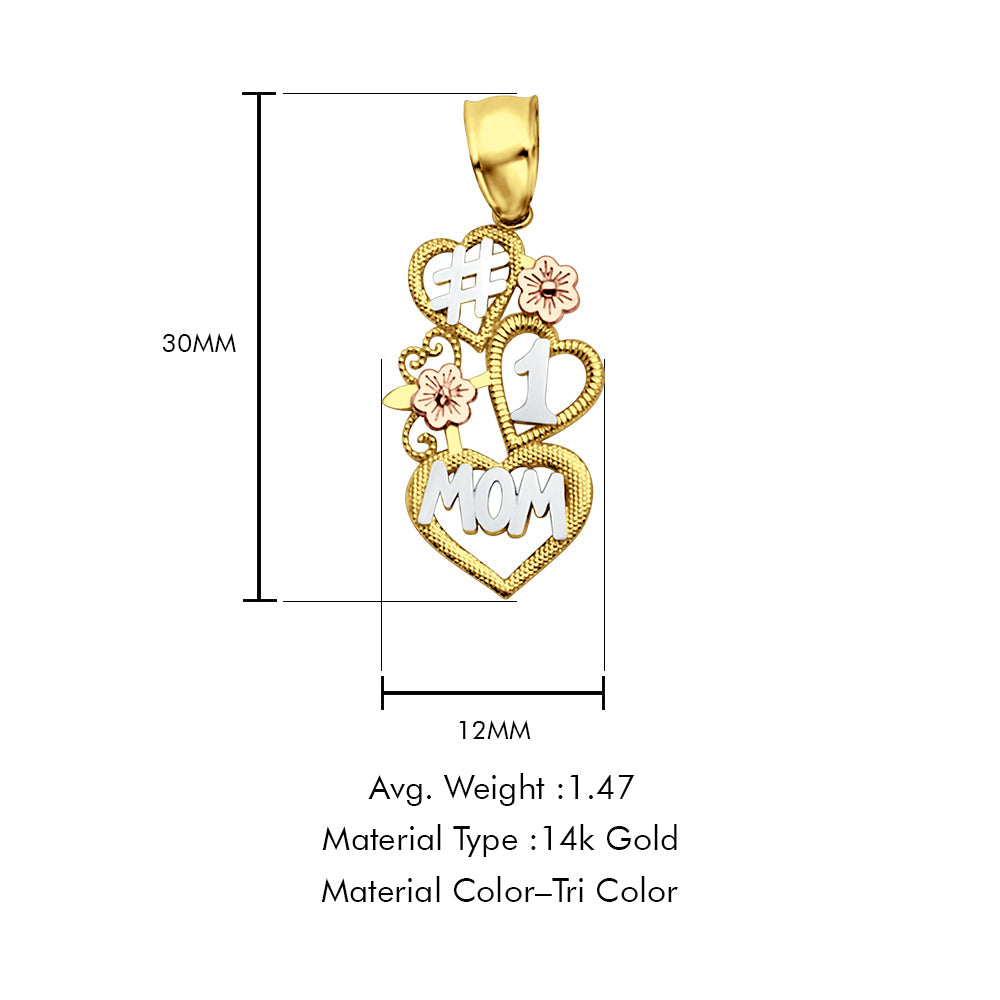 14K Tri Color Gold Mom Pendant 30mmX12mm With 16 Inch To 22 Inch 1.2MM Width Angle Cut Oval Rolo Chain Necklace