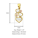 14K Tri Color Gold Mom Pendant 30mmX12mm With 16 Inch To 22 Inch 1.2MM Width Angle Cut Oval Rolo Chain Necklace