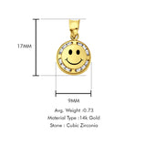 14K Yellow Gold CZ Smile Pendant 17mmX9mm With 16 Inch To 24 Inch 1.0MM Width D.C. Round Wheat Chain Necklace