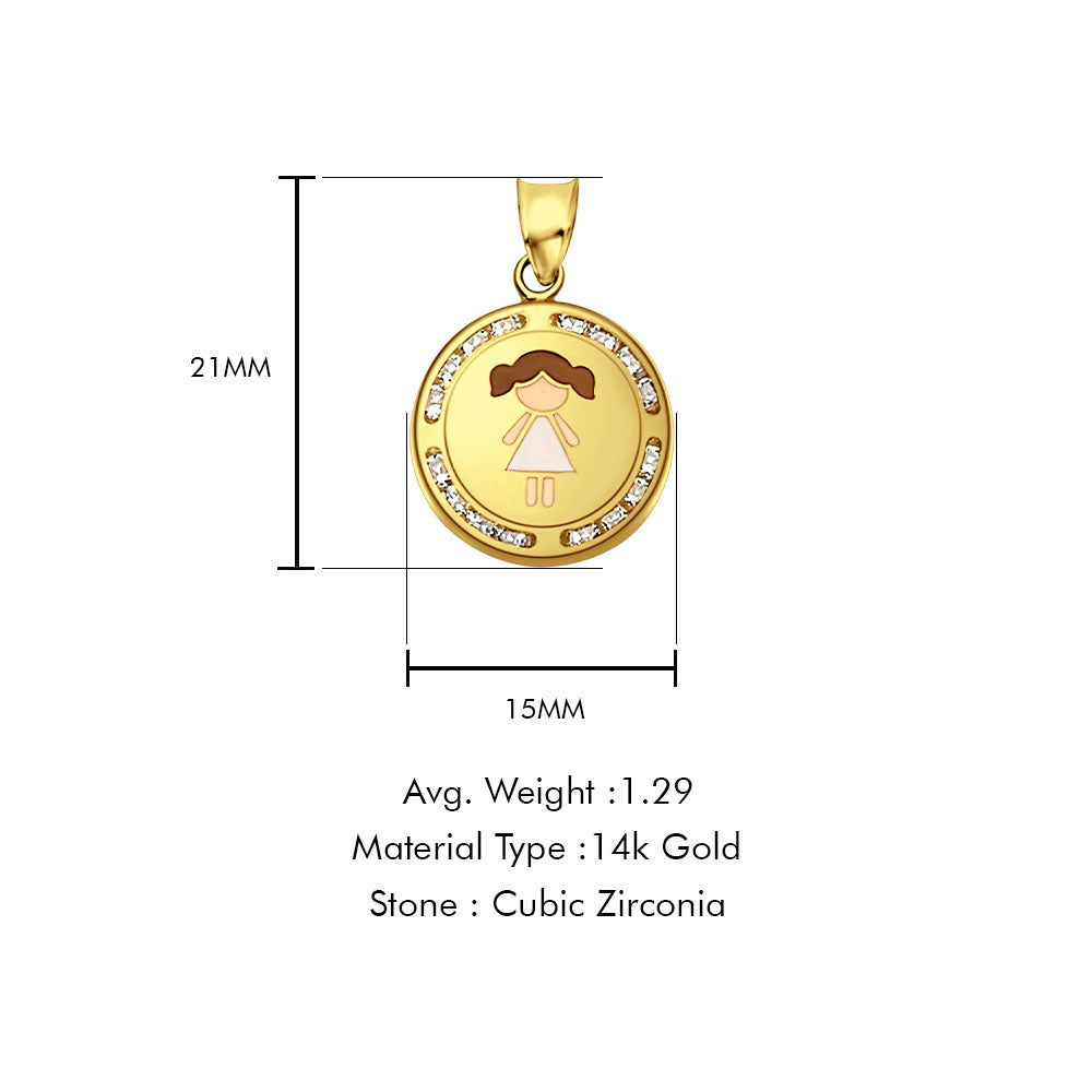 14K Yellow Gold CZ Enamel Girl Pendant 21mmX15mm With 16 Inch To 20 Inch 1.0MM Width Box Chain Necklace