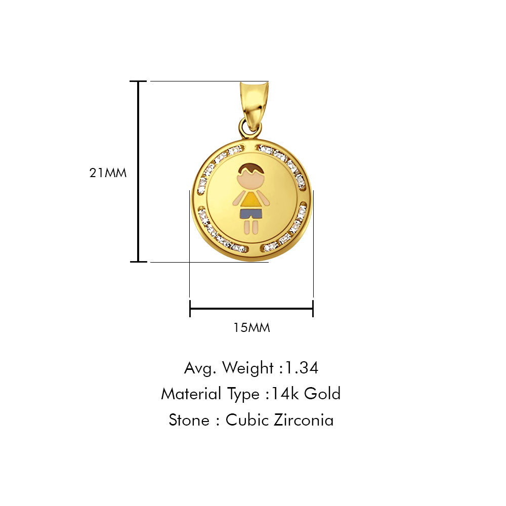 14K Yellow Gold CZ Enamel Boy Pendant 21mmX15mm With 16 Inch To 24 Inch 0.8MM Width Box Chain Necklace