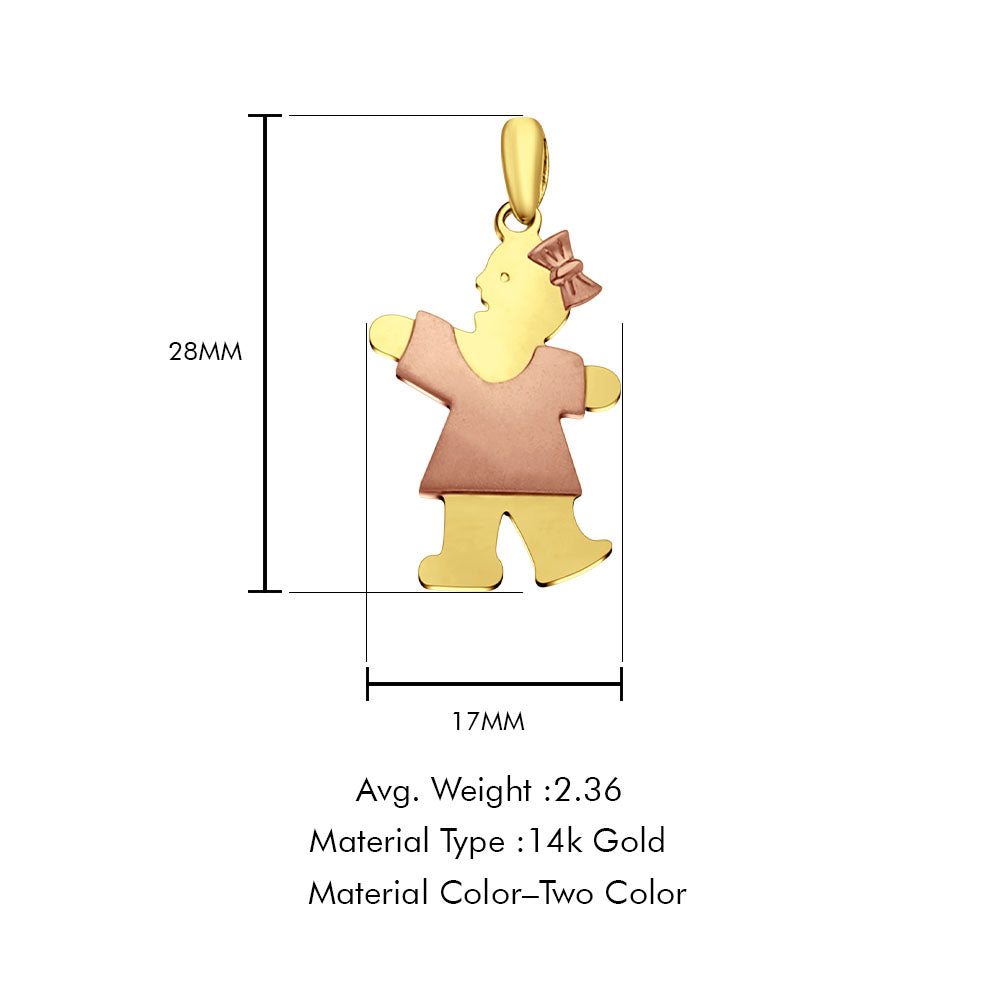 14K Two Color Gold Girl Pendant 28mmX17mm With 16 Inch To 22 Inch 1.2MM Width Classic Rolo Cable Chain Necklace
