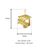 Abschluss-Anhänger aus 14 Karat Gelbgold, 18 mm x 13 mm, mit 16 Zoll bis 24 Zoll 1,0 mm breiter Kastenkette