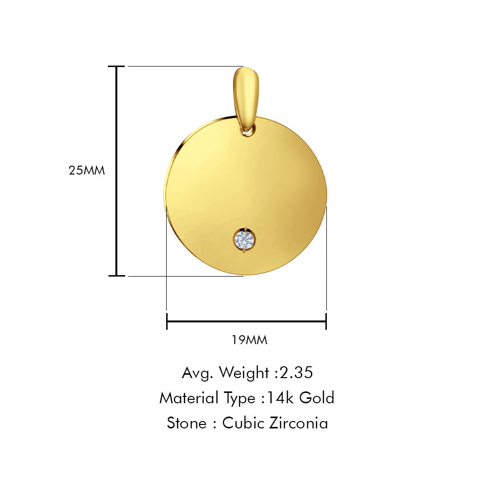 14K Yellow Gold Engravable CZ Round Pendant 25mmX19mm With 16 Inch To 22 Inch 1.2MM Width Side DC Rolo Cable Chain Necklace