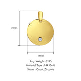 14K Yellow Gold Engravable CZ Round Pendant 25mmX19mm With 16 Inch To 18 Inch 1.0MM Width D.C. Round Wheat Chain Necklace