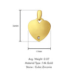 14K Yellow Gold Engravable CZ Heart Pendant 24mmX17mm With 16 Inch To 18 Inch 1.1MM Width Wheat Chain Necklace