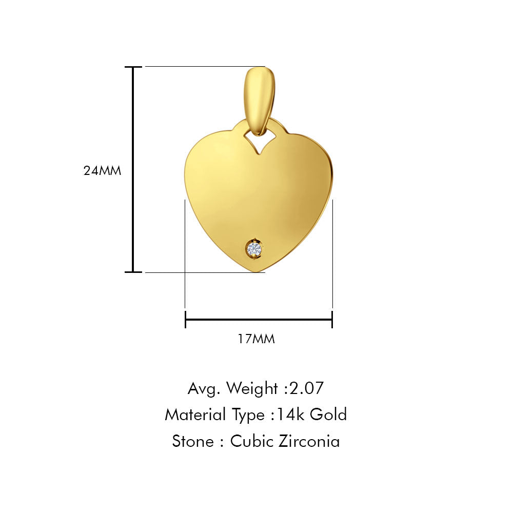 14K Yellow Gold Engravable CZ Heart Pendant 24mmX17mm With 16 Inch To 24 Inch 0.6MM Width Box Chain Necklace