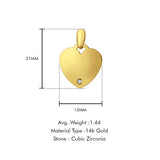 14K Yellow Gold Engravable CZ Heart Pendant 21mmX15mm With 16 Inch To 24 Inch 0.8MM Width Square Wheat Chain Necklace