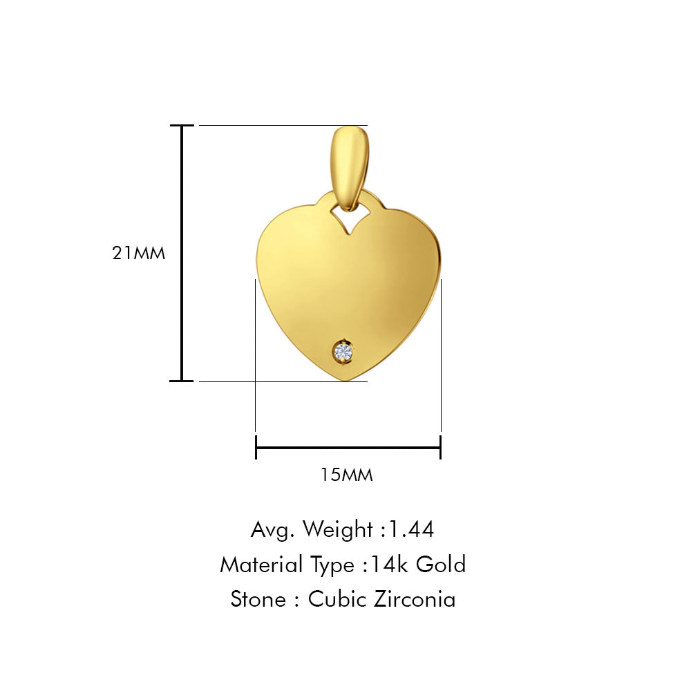 14K Yellow Gold Engravable CZ Heart Pendant 21mmX15mm With 16 Inch To 24 Inch 1.1MM Width Wheat Chain Necklace