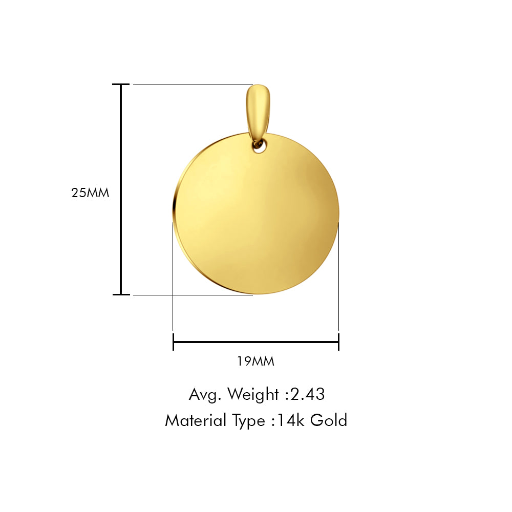 14K Yellow Gold Engravable Round Pendant 25mmX19mm With 16 Inch 1.1MM Width Wheat Chain Necklace