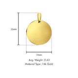 14K Yellow Gold Engravable Round Pendant 25mmX19mm With 16 Inch 1.1MM Width Wheat Chain Necklace