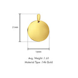 14K Yellow Gold Engravable Round Pendant 21mmX16mm With 16 Inch To 24 Inch 0.9MM Width Wheat Chain Necklace