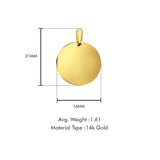 14K Yellow Gold Engravable Round Pendant 21mmX16mm With 16 Inch To 22 Inch 1.2MM Width Classic Rolo Cable Chain Necklace