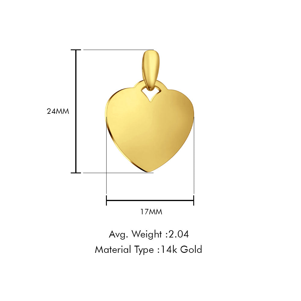 14K Yellow Gold Engravable Heart Pendant 24mmX17mm With 16 Inch To 18 Inch 1.1MM Width Wheat Chain Necklace