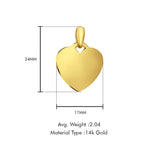 14K Yellow Gold Engravable Heart Pendant 24mmX17mm With 16 Inch To 18 Inch 1.1MM Width Wheat Chain Necklace