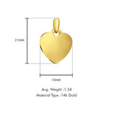 14K Yellow Gold Engravable Heart Pendant 21mmX15mm With 16 Inch To 24 Inch 1.1MM Width Wheat Chain Necklace