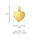 14K Yellow Gold Engravable Heart Pendant 21mmX15mm With 16 Inch To 22 Inch 1.2MM Width Flat Open Wheat Chain Necklace