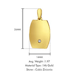 14K Yellow Gold Engravable CZ Oval-Square Pendant 26mmX14mm With 16 Inch To 24 Inch 0.8MM Width Square Wheat Chain Necklace