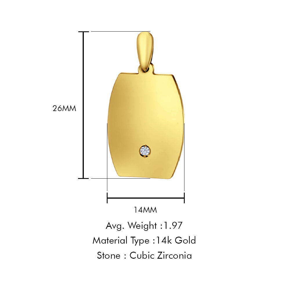 14K Yellow Gold Engravable CZ Oval-Square Pendant 26mmX14mm With 16 Inch To 24 Inch 0.8MM Width D.C. Round Wheat Chain Necklace