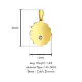 14K Yellow Gold Engravable CZ Flower Round Pendant 24mmX12mm With 16 Inch To 24 Inch 1.1MM Width Wheat Chain Necklace