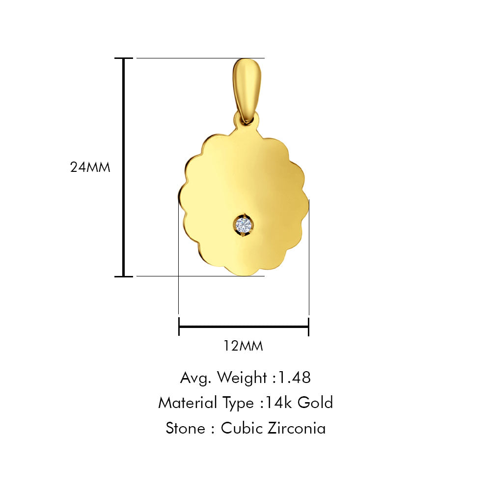 14K Yellow Gold Engravable CZ Flower Round Pendant 24mmX12mm With 16 Inch To 22 Inch 1.2MM Width Side DC Rolo Cable Chain Necklace