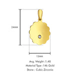 14K Yellow Gold Engravable CZ Flower Round Pendant 24mmX12mm With 16 Inch To 24 Inch 0.8MM Width Box Chain Necklace