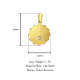 14K Yellow Gold Engravable CZ Flower Round Pendant 24mmX16mm With 16 Inch To 24 Inch 0.8MM Width Box Chain Necklace