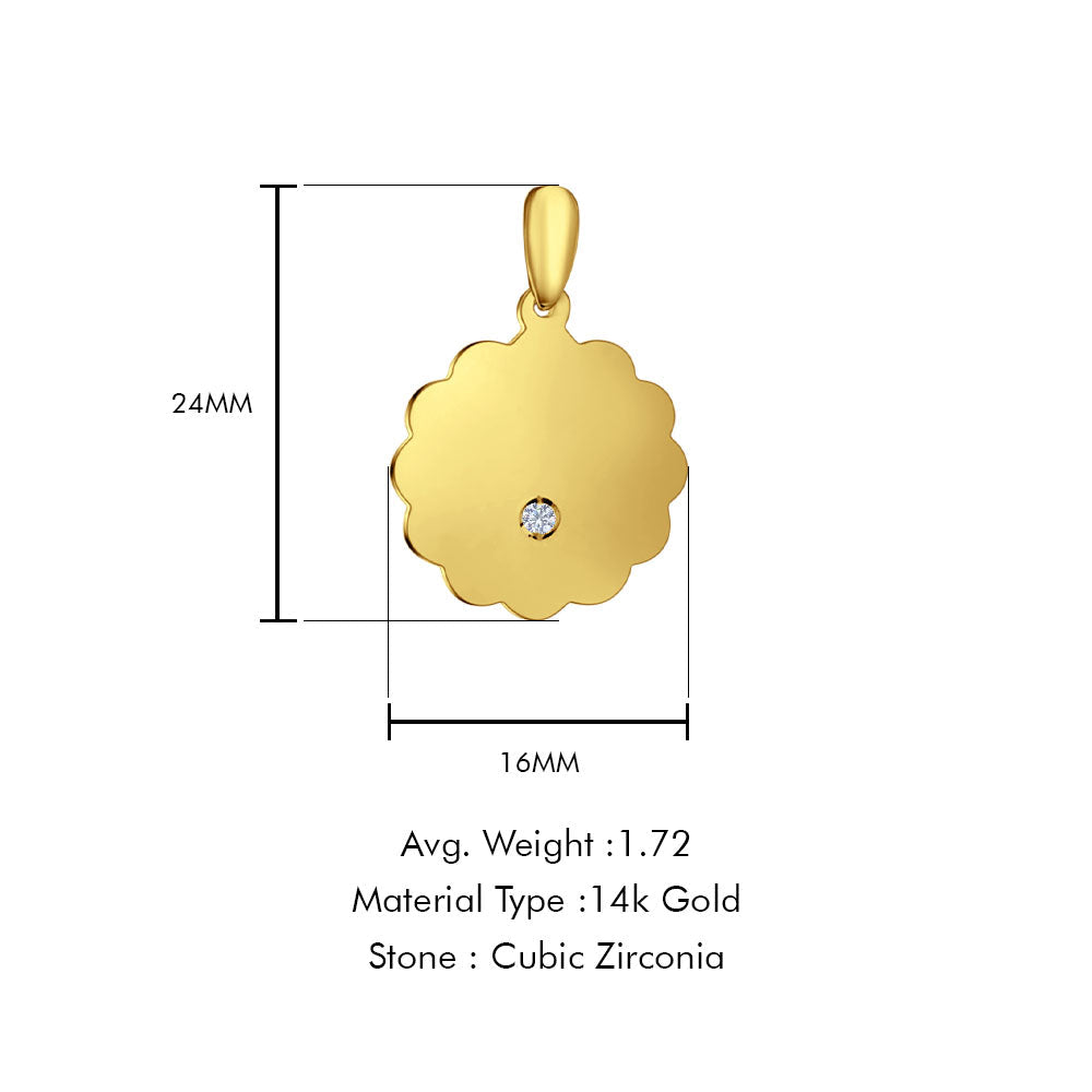14K Yellow Gold Engravable CZ Flower Round Pendant 24mmX16mm With 16 Inch To 24 Inch 0.8MM Width D.C. Round Wheat Chain Necklace