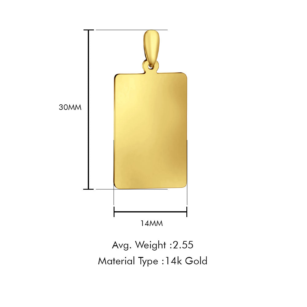 14K Yellow Gold Engravable Rectangular Pendant 30mmX14mm With 16 Inch To 24 Inch 0.8MM Width Square Wheat Chain Necklace
