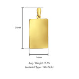14K Yellow Gold Engravable Rectangular Pendant 30mmX14mm With 16 Inch To 24 Inch 0.8MM Width D.C. Round Wheat Chain Necklace