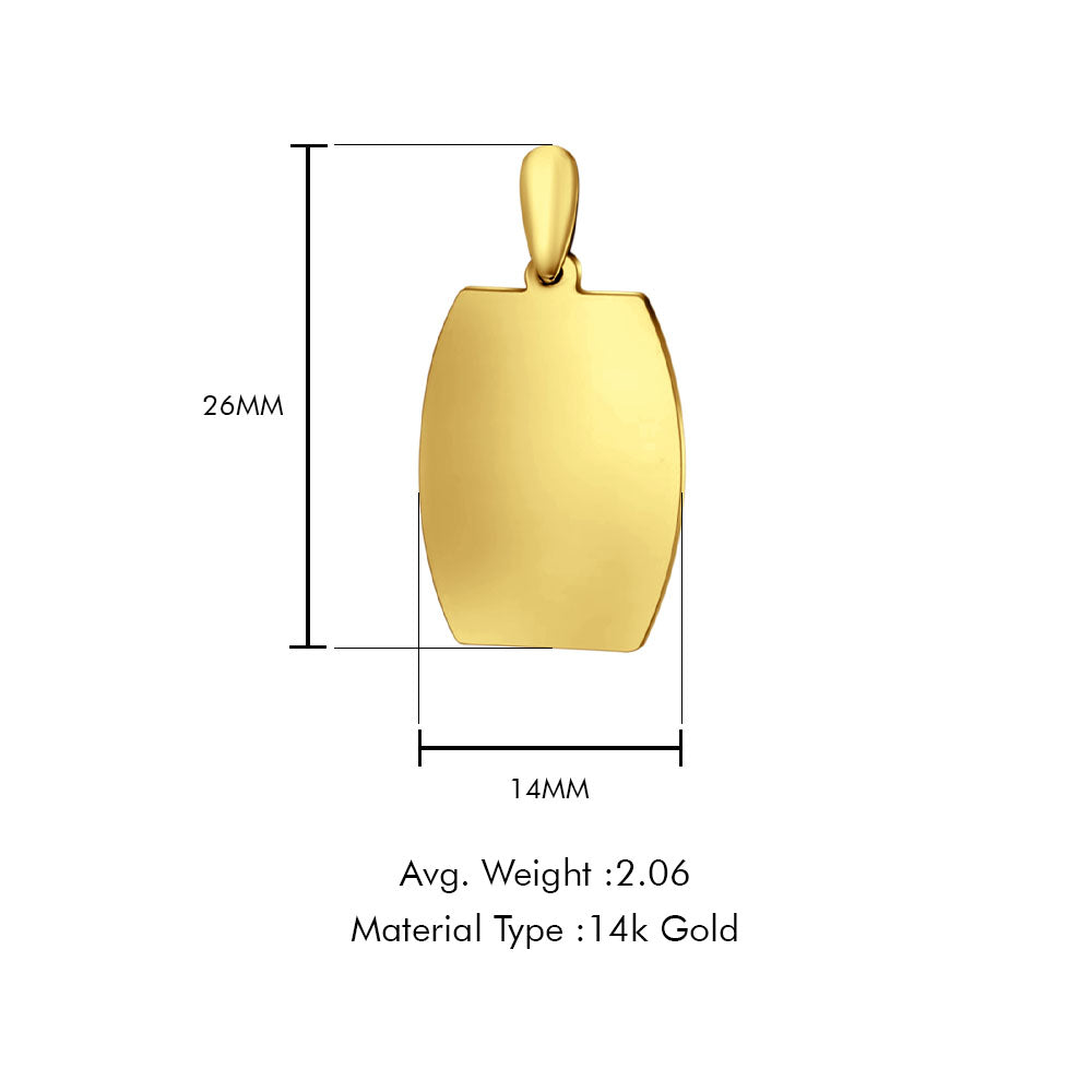 14K Yellow Gold Engravable Oval-Square Pendant 26mmX14mm With 16 Inch To 20 Inch 1.0MM Width D.C. Round Wheat Chain Necklace