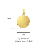 14K Yellow Gold Engravable Flower Round Pendant 24mmX16mm With 16 Inch To 22 Inch 1.2MM Width Flat Open Wheat Chain Necklace