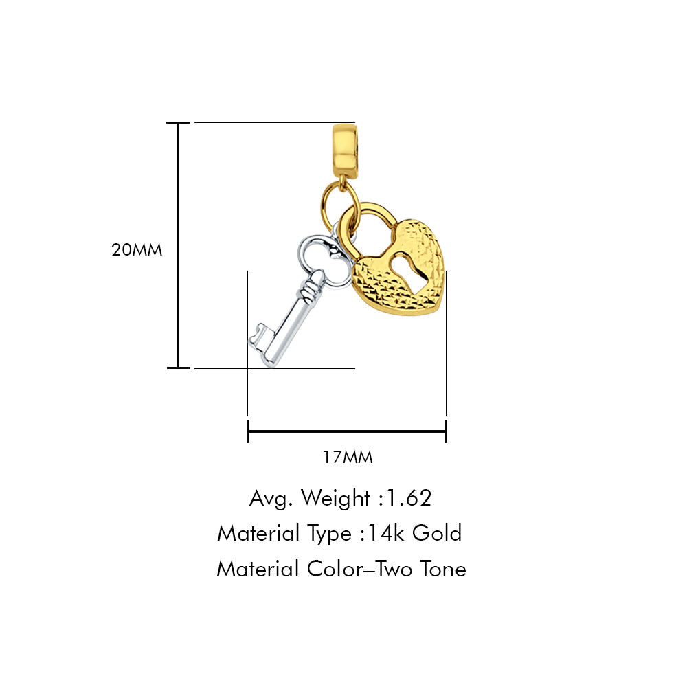 14K Two Tone Gold Key & Lock for Mix&Match Pendant 20mmX17mm With 16 Inch To 22 Inch 1.2MM Width Side DC Rolo Cable Chain Necklace