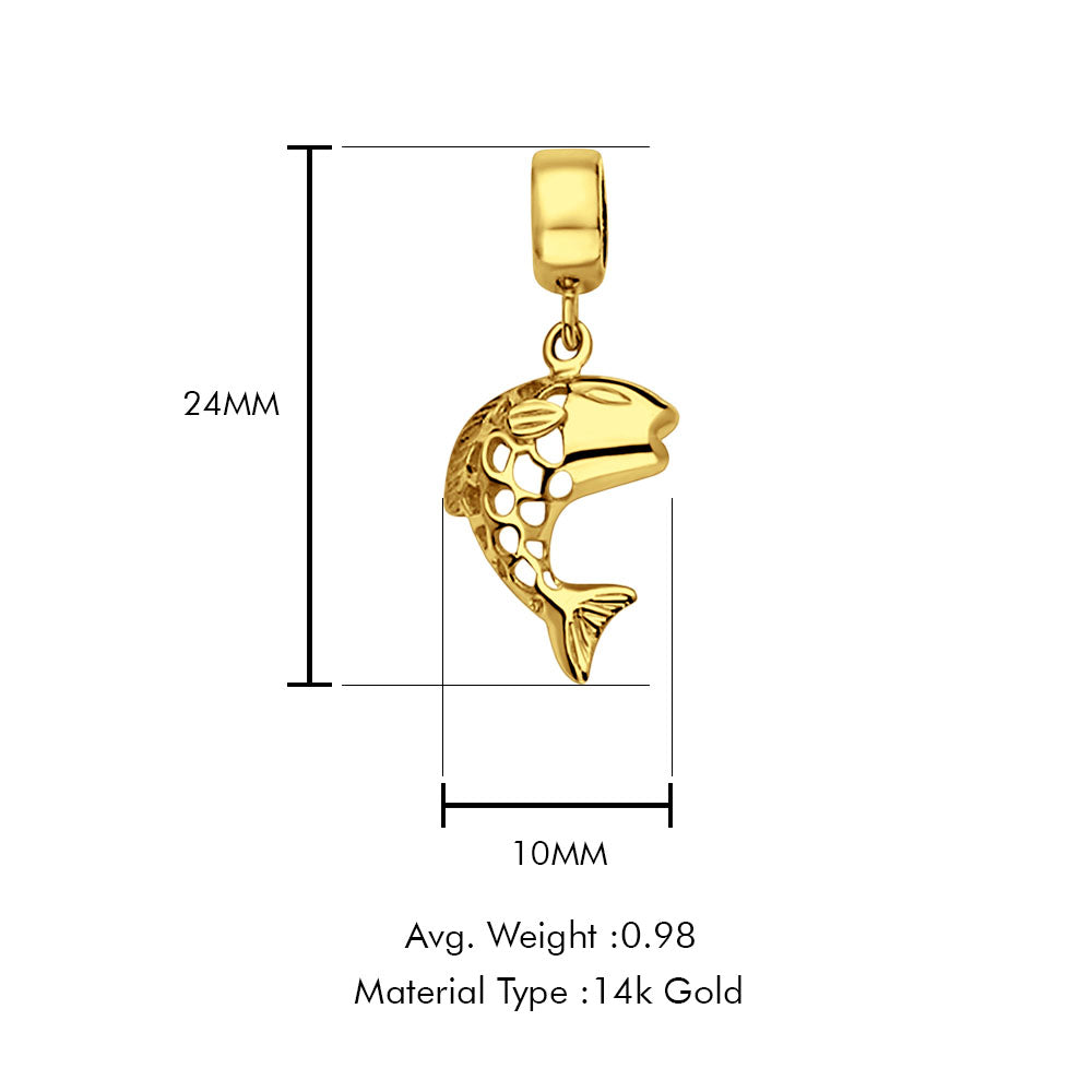 14K Yellow Gold Fish Charm for Mix&Match Pendant 24mmX10mm With 16 Inch To 24 Inch 1.1MM Width Wheat Chain Necklace