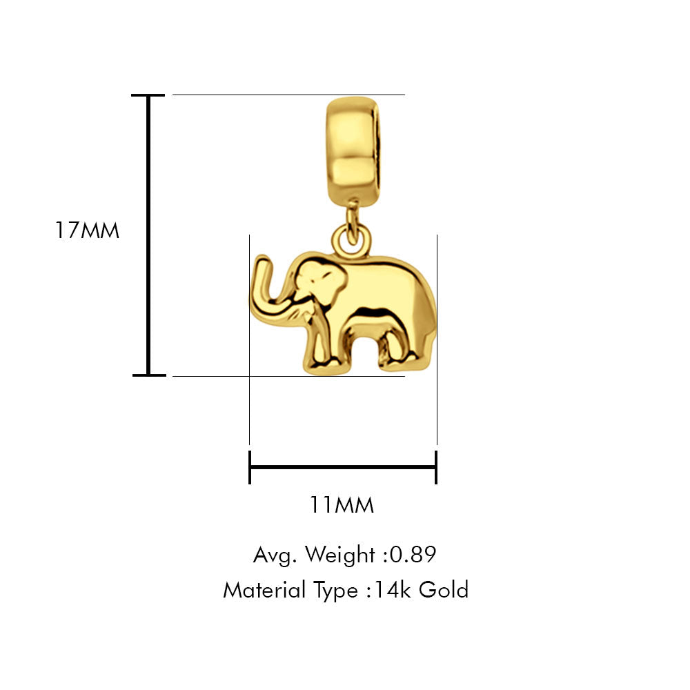 14K Yellow Gold Elephant Charm for Mix&Match Pendant 17mmX11mm With 16 Inch To 22 Inch 1.2MM Width Angle Cut Round Rolo Chain Necklace