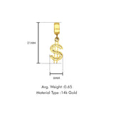 14K Yellow Gold $ Sign Charm for Mix&Match Pendant 21mmX6mm With 16 Inch To 24 Inch 1.1MM Width Wheat Chain Necklace