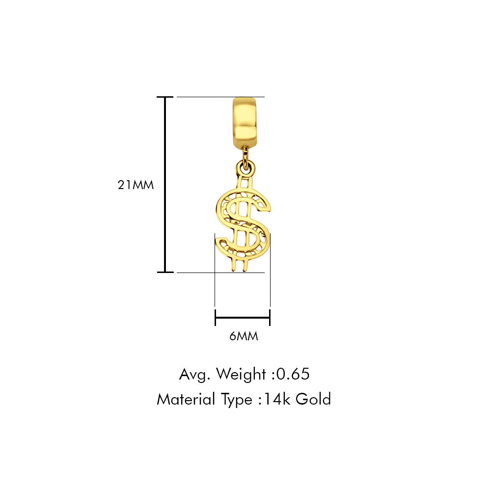 14K Yellow Gold $ Sign Charm for Mix&Match Pendant 21mmX6mm With 16 Inch To 24 Inch 0.9MM Width Wheat Chain Necklace