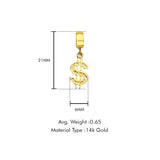 14K Yellow Gold $ Sign Charm for Mix&Match Pendant 21mmX6mm With 16 Inch To 24 Inch 1.0MM Width D.C. Round Wheat Chain Necklace