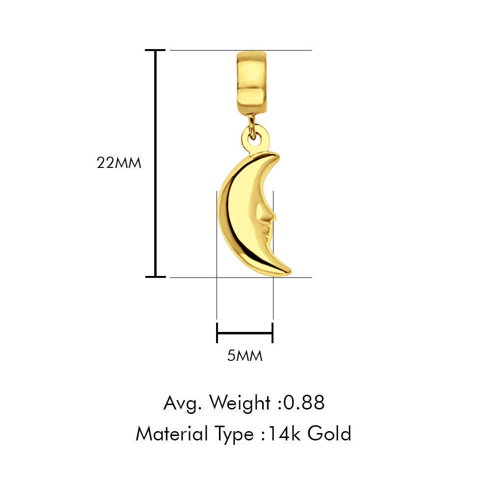 14K Yellow Gold Moon Charm for Mix&Match Pendant 22mmX5mm With 16 Inch To 24 Inch 0.8MM Width Square Wheat Chain Necklace