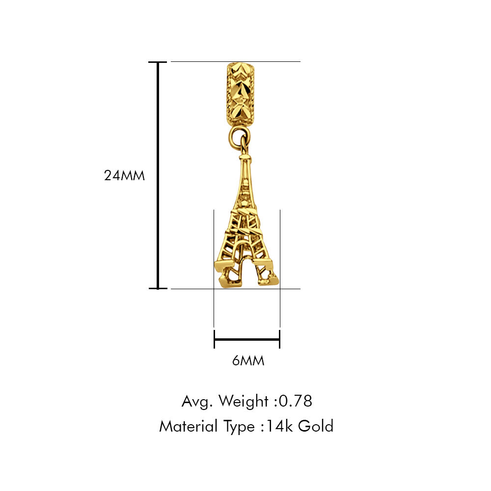 14K Yellow Gold Effiel Charm for Mix&Match Pendant 24mmX6mm With 16 Inch To 24 Inch 0.8MM Width Square Wheat Chain Necklace