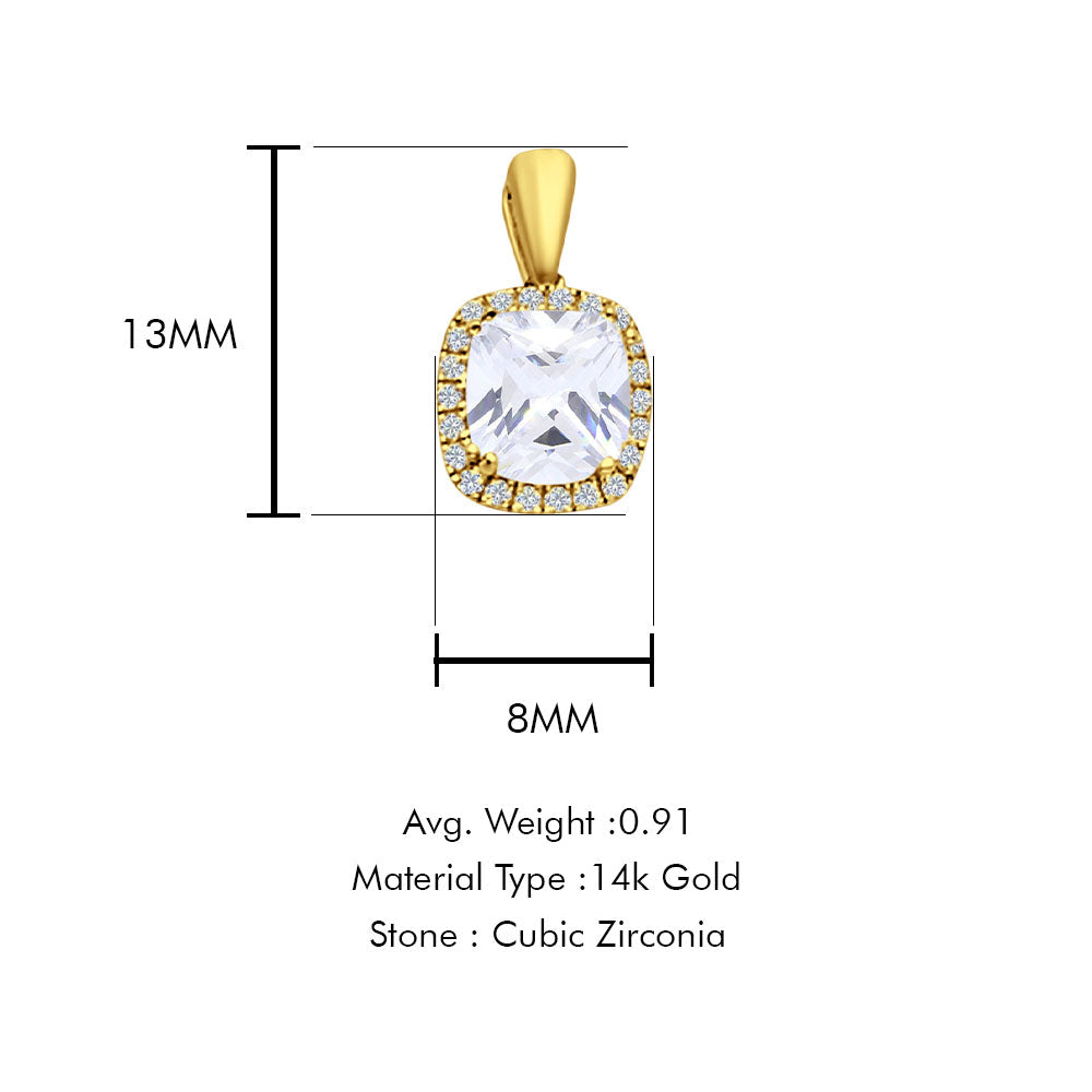 14K Yellow Gold Cushion Cut Cubic Zirconia Pendant 13mmX8mm With 16 Inch To 22 Inch 1.0MM Width Box Chain Necklace