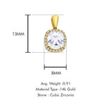 14K Yellow Gold Cushion Cut Cubic Zirconia Pendant 13mmX8mm With 16 Inch To 22 Inch 0.5MM Width Box Chain Necklace
