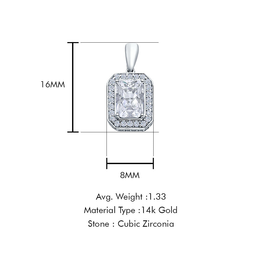 14K White Gold Emerald Cut Cubic Zirconia Pendant 16mmX8mm With 16 Inch To 22 Inch 1.2MM Width Angle Cut Round Rolo Chain Necklace