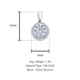 14K White Gold Round CZ Pendant 15mmX9mm With 16 Inch To 24 Inch 0.8MM Width D.C. Round Wheat Chain Necklace