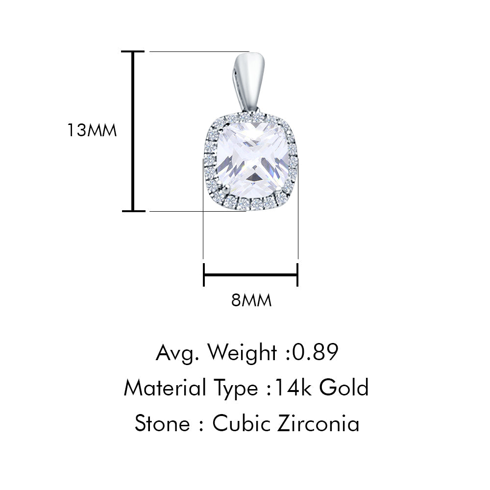 14K White Gold Cushion Cut CZ Pendant 13mmX8mm With 16 Inch To 24 Inch 1.1MM Width Wheat Chain Necklace