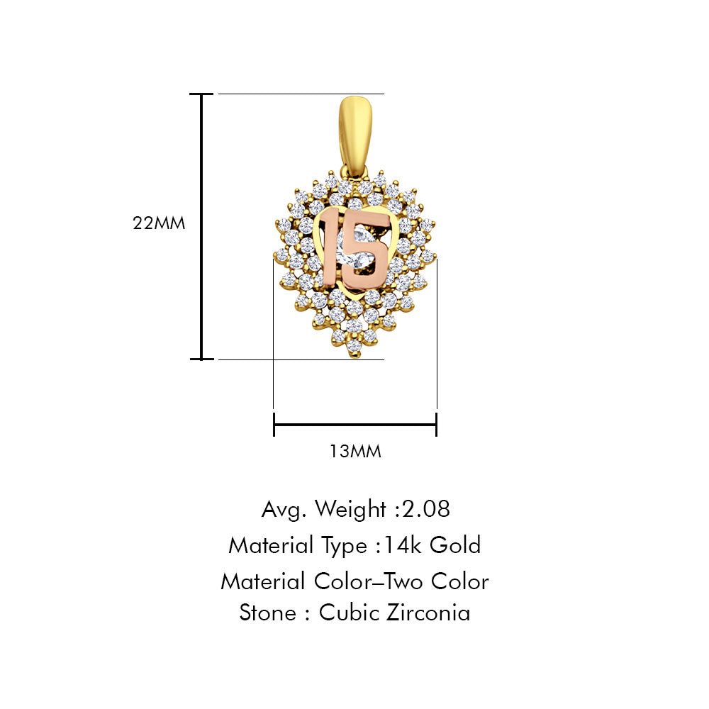 14K Two Tone Gold CZ 15Years Pendant 22mmX13mm With 16 Inch To 24 Inch 0.8MM Width D.C. Round Wheat Chain Necklace