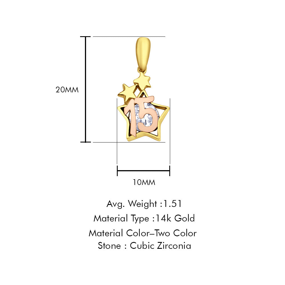 14K Two Tone Gold Star CZ 15Years Pendant 20mmX10mm With 16 Inch To 22 Inch 1.2MM Width Flat Open Wheat Chain Necklace