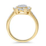 Tropfenförmiger Halo-Ring in Birnenform mit 0,26 ct Baguette und rundem Diamant aus 14-karätigem Gold