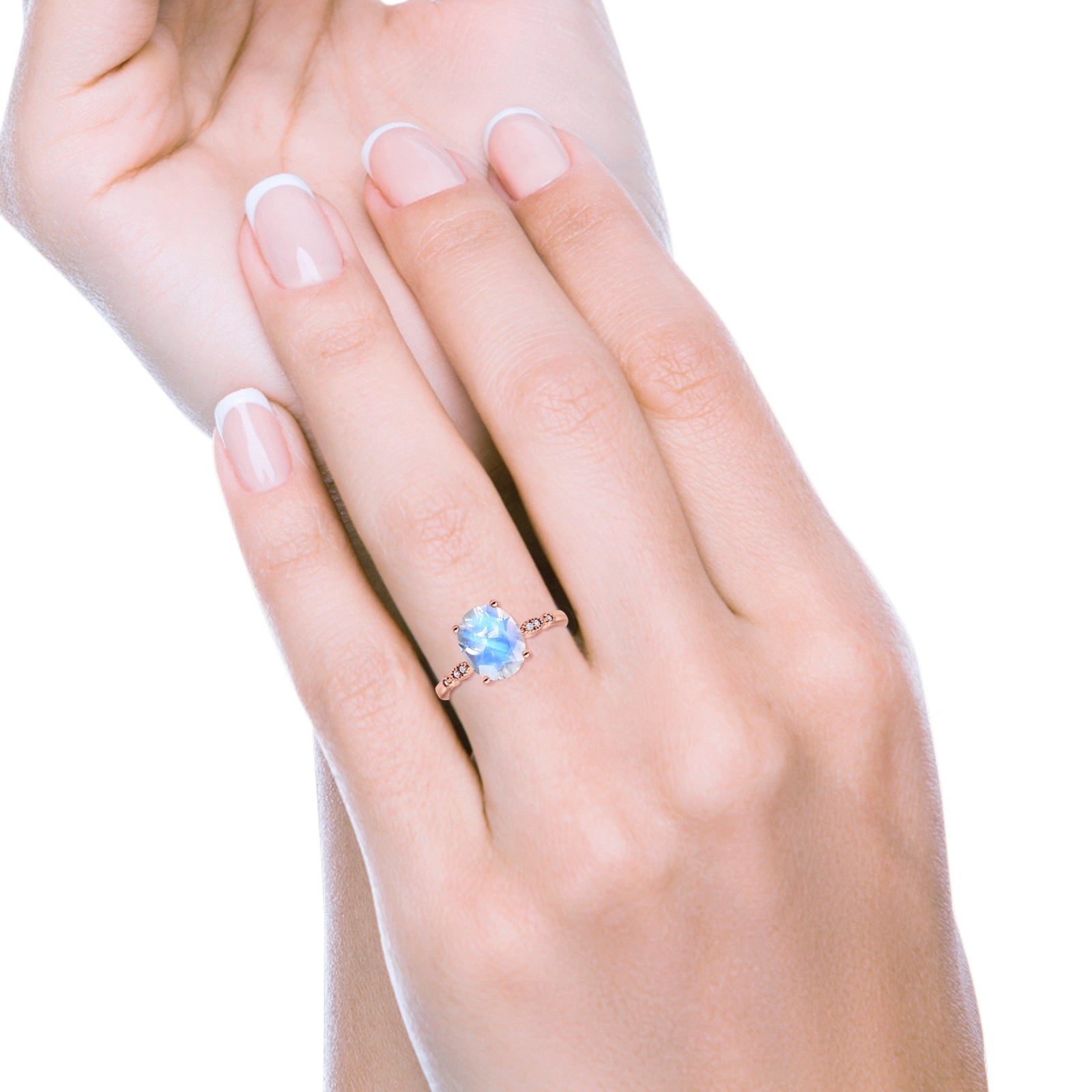 Solitaire Accent Oval Natural Moonstone Art Deco Engagement Ring