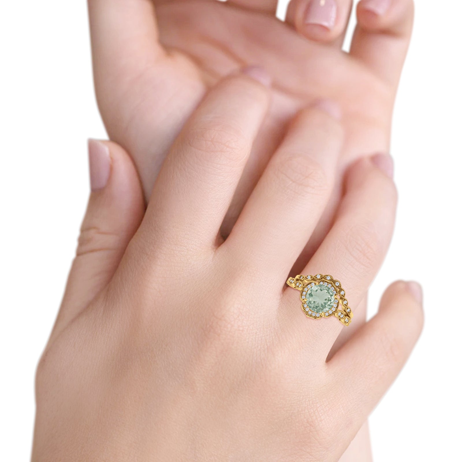 Vintage Style Round Natural Green Amethyst Floral Bridal Set Engagement Ring